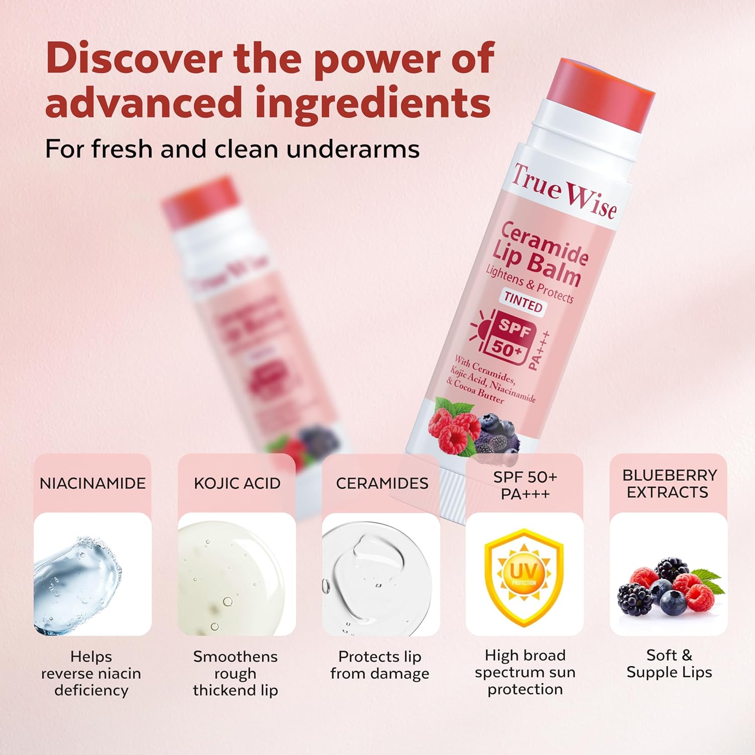 True Wise Ceramide Lip Balm with advanced ingredients on a pink background