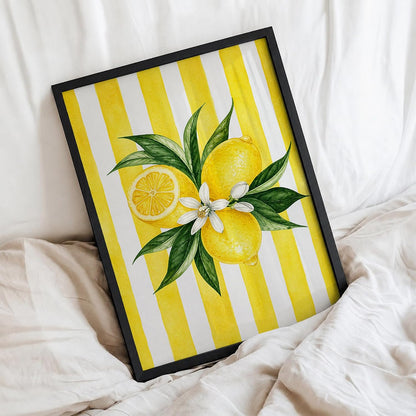 Lemon Wall Art Framed Painting for Home Decor, Citrus Fruit Botanical Artwork Wall Decor for Living Room Bedroom Kitchen Dining Room, Yellow Retro Aesthetic Room Decoration (DGN07-Black10x13 inch)