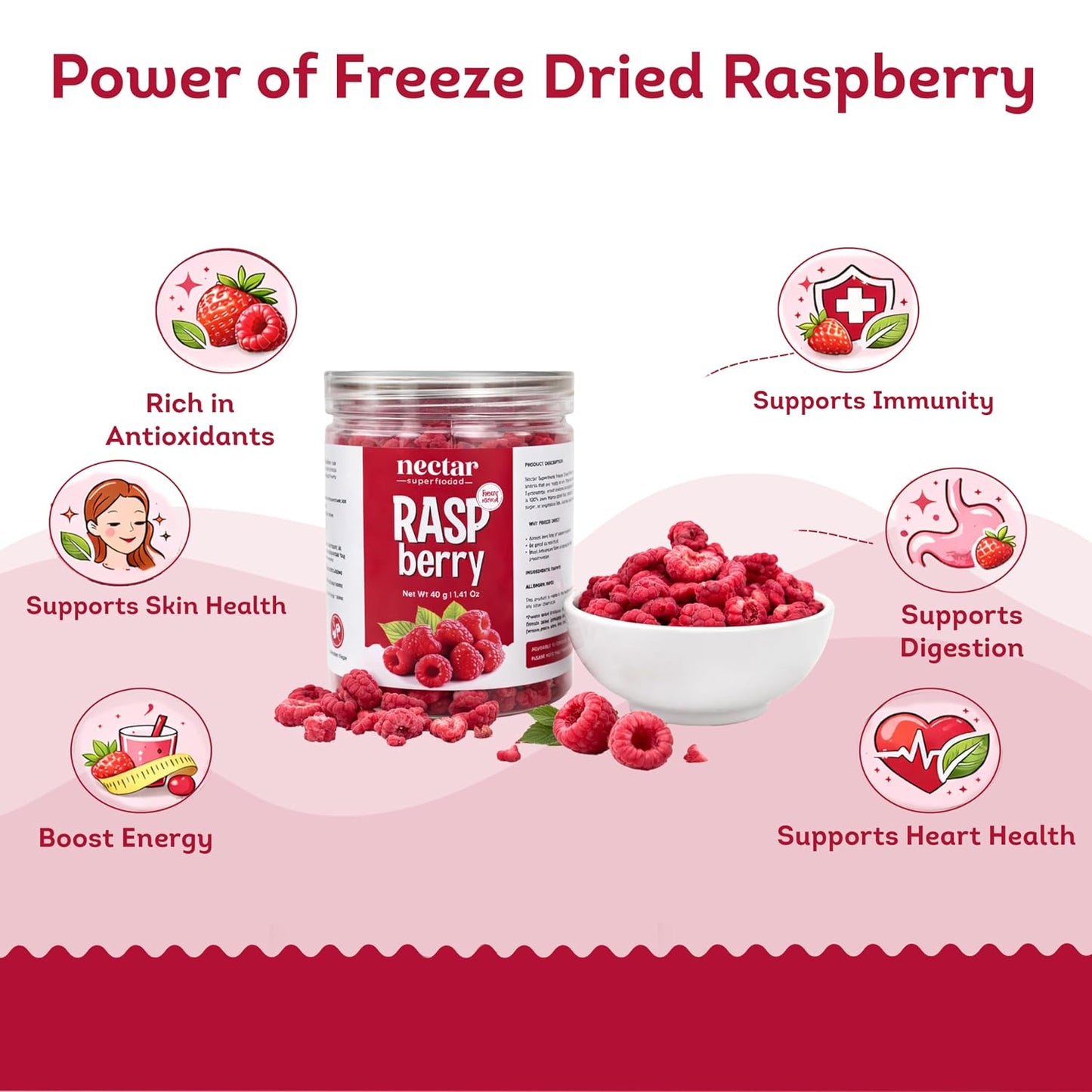 Nectar Superfoods Premium Freeze Dried Raspberry - 40 grams Jar-Pack of 1 Nos | No Oil, No Preservatives, No Sugar Added| Vegan | Baking, Cooking & Seasoning | Processed in India