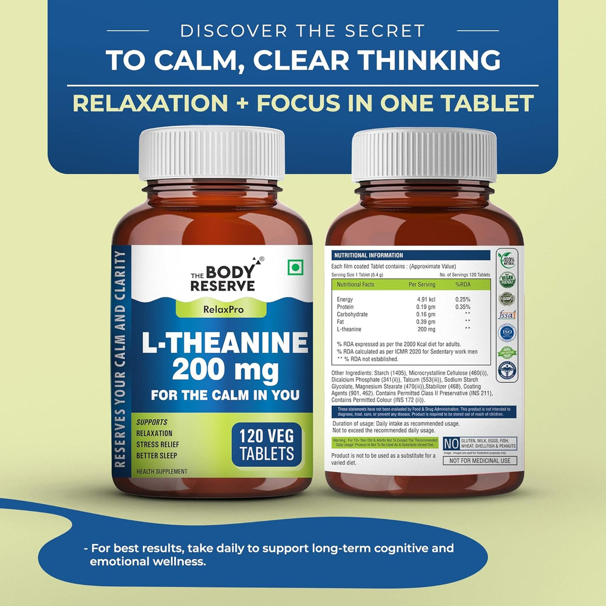 Two bottles of Body Reserve L-Theanine 200 mg tablets on a light green background with promotional text.