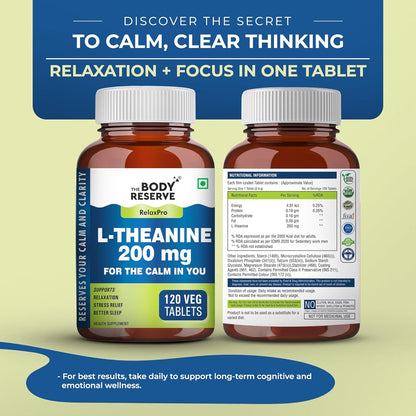Two bottles of Body Reserve L-Theanine 200 mg tablets on a light green background with promotional text.