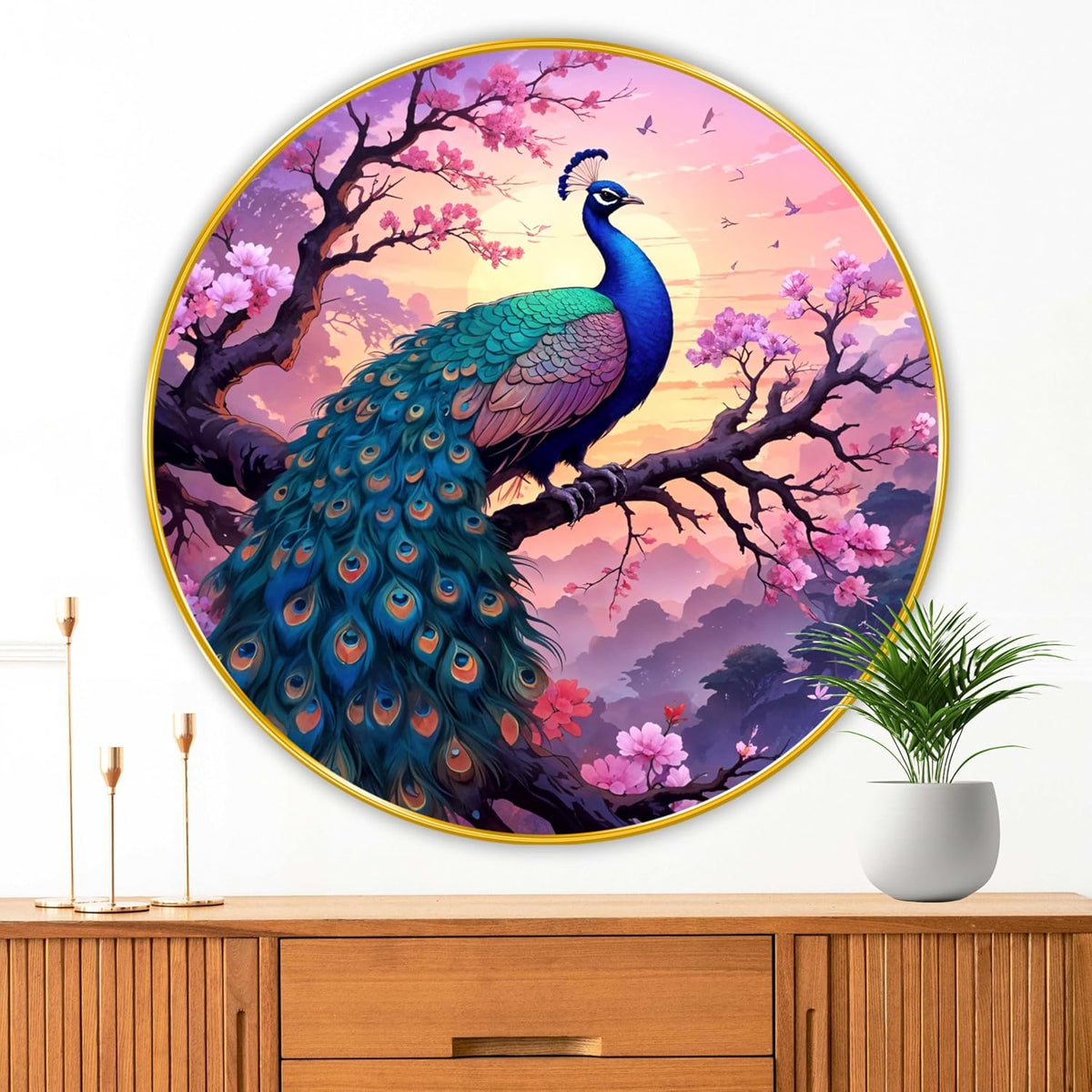 Peacock modern art Premium Sparkle lamination Golden Slim Frame 50.8 cm x 50.8 cm Large Size, For Home/Office/Hotel painting GRL116