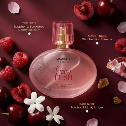 Pink perfume bottle labeled 'Cherry Lush' surrounded by cherries, raspberries, and flowers on a dark red background.