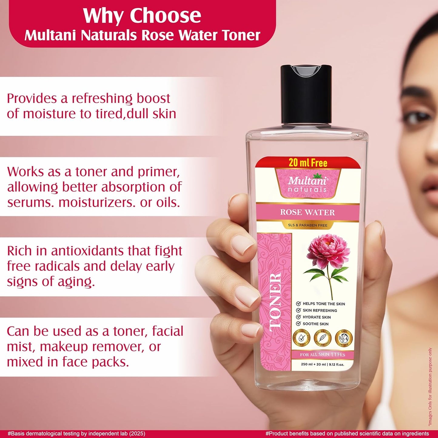 Multani Naturals Rose Water Face Toner 270 ml | For Oily, Acne Prone, Dry Skin | Pore Tightening & Glowing Skin | Fades Blemishes, Brightens & Smoothens | For Women & Men
