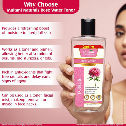Multani Naturals Rose Water Face Toner 270 ml | For Oily, Acne Prone, Dry Skin | Pore Tightening & Glowing Skin | Fades Blemishes, Brightens & Smoothens | For Women & Men