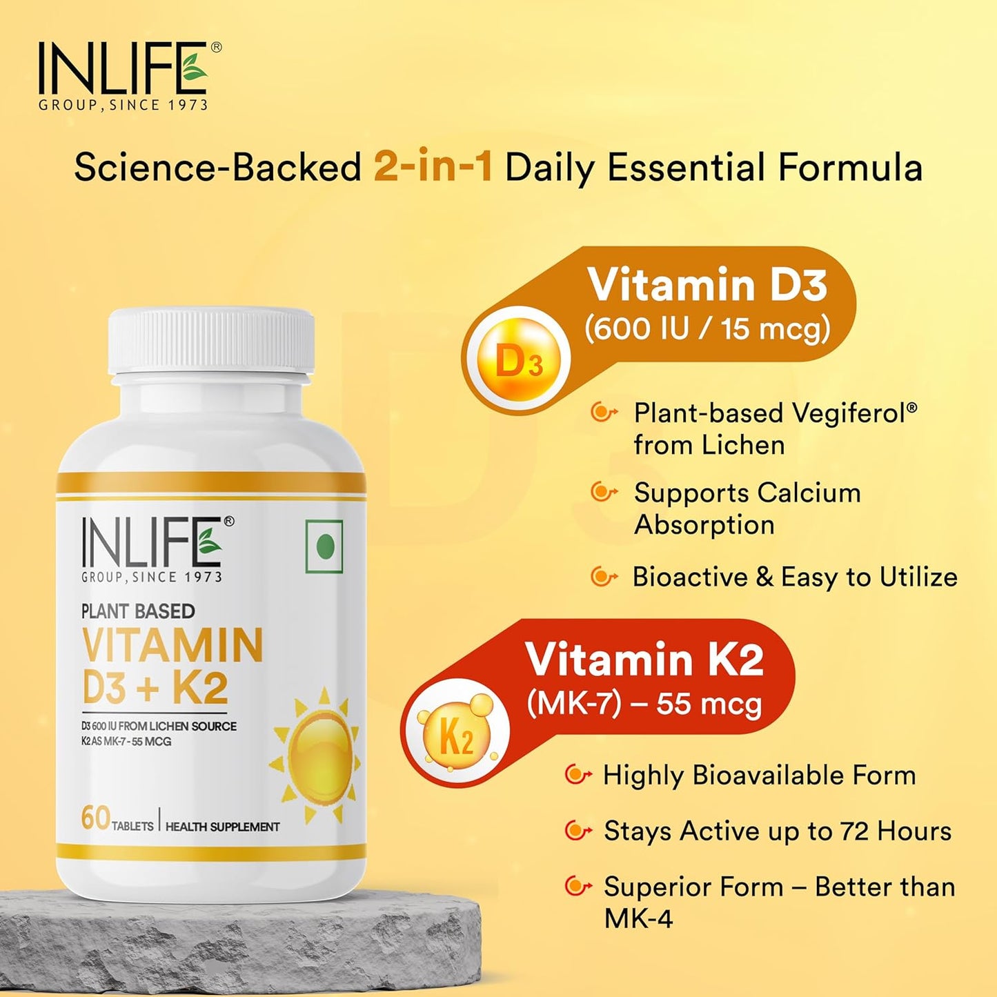 INLIFE Vitamin D3 K2 Supplement | Derived from Lichen (Plant Based) & Vitamin K2 (MK7) | Supports Bone, Teeth, Heart, Immunity, Mood, Strength, Recovery | For Men & Women - 60 Vegetarian Tablets