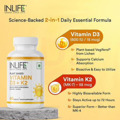 INLIFE Vitamin D3 K2 Supplement | Derived from Lichen (Plant Based) & Vitamin K2 (MK7) | Supports Bone, Teeth, Heart, Immunity, Mood, Strength, Recovery | For Men & Women - 60 Vegetarian Tablets