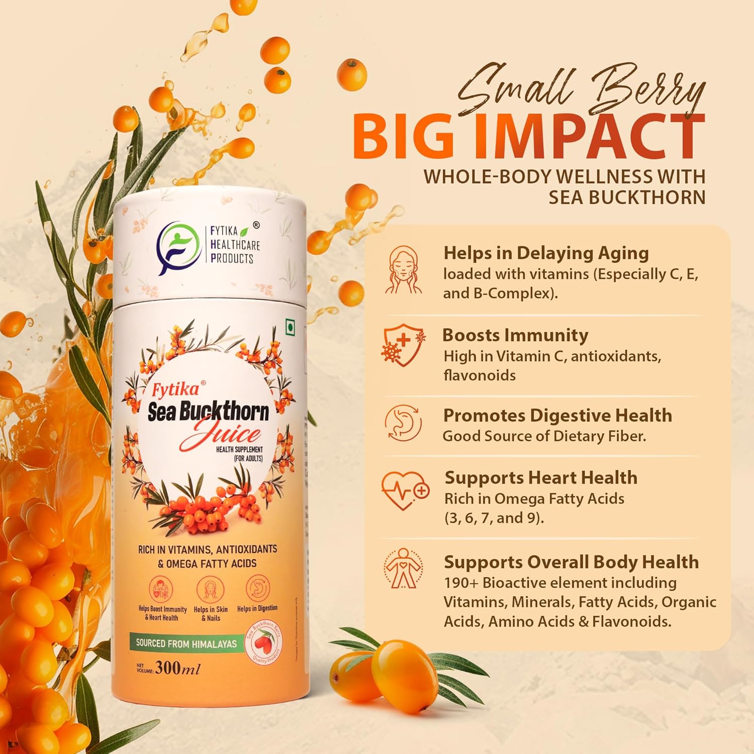 Fytika Sea Buckthorn Juice bottle with product details on a beige background