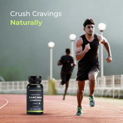 Person running on a track with a bottle of Virisham Garcinia Cambogia supplement in the foreground.
