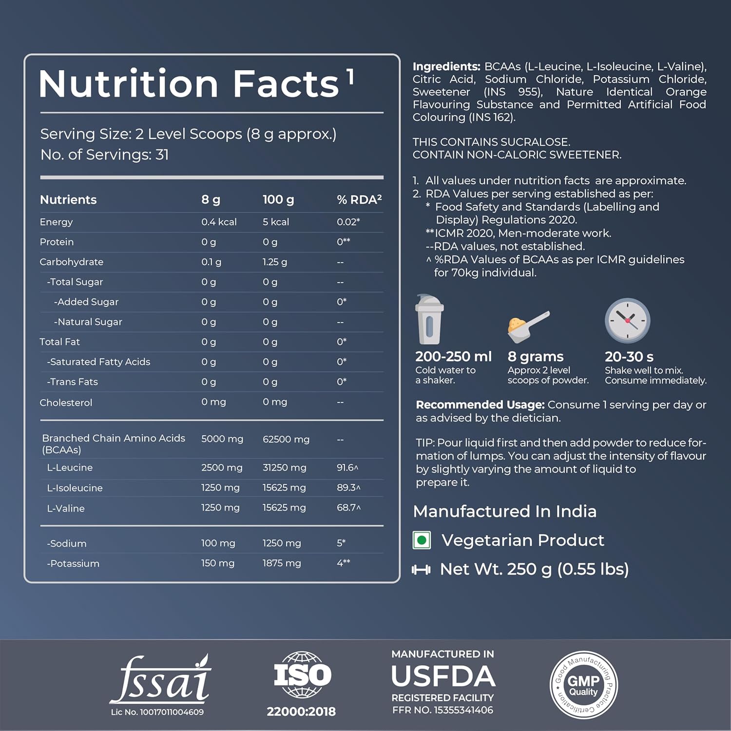Nutrition facts label for a supplement with various nutritional information and certification logos.