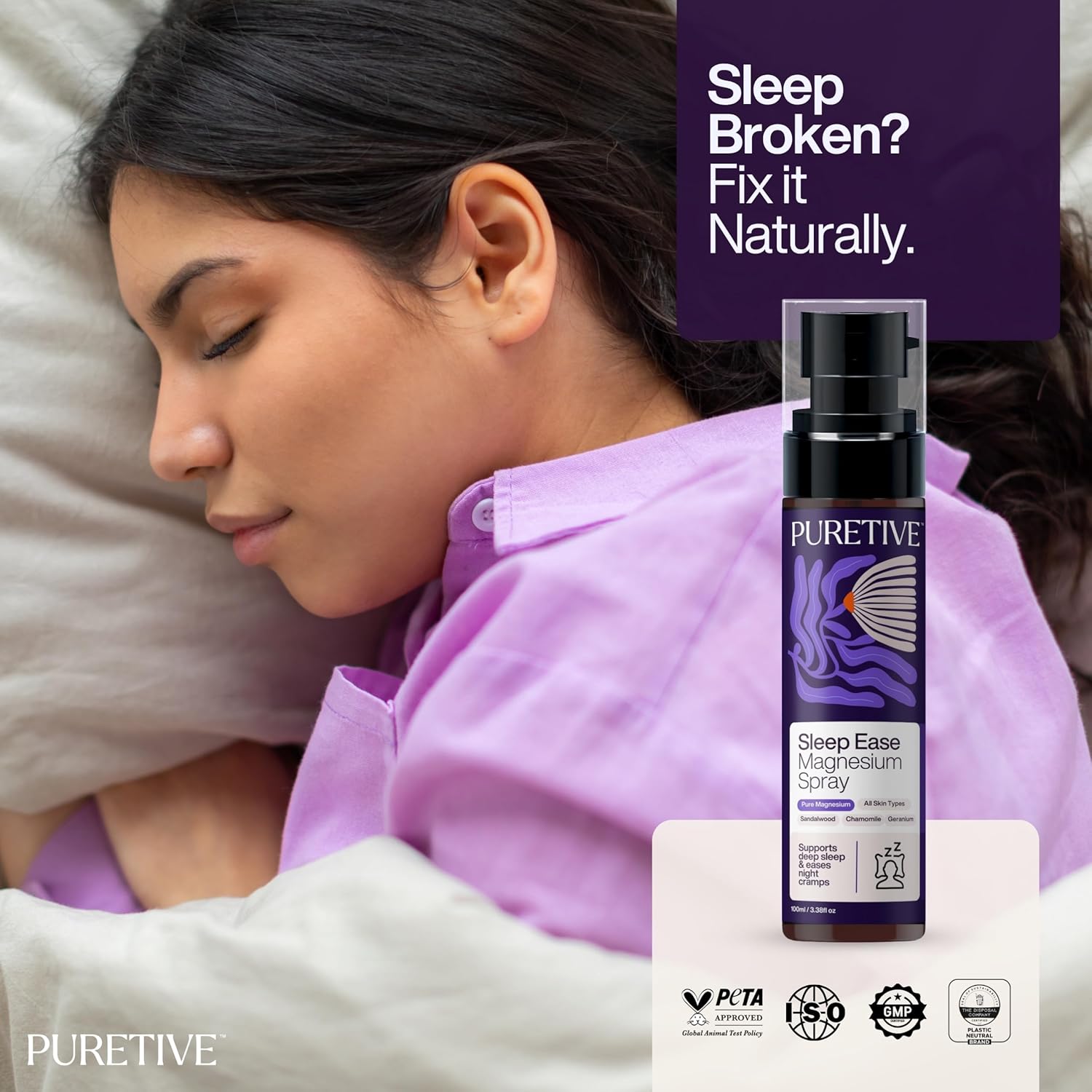 Woman sleeping with Puretive Sleep Ease magnesium spray in the foreground