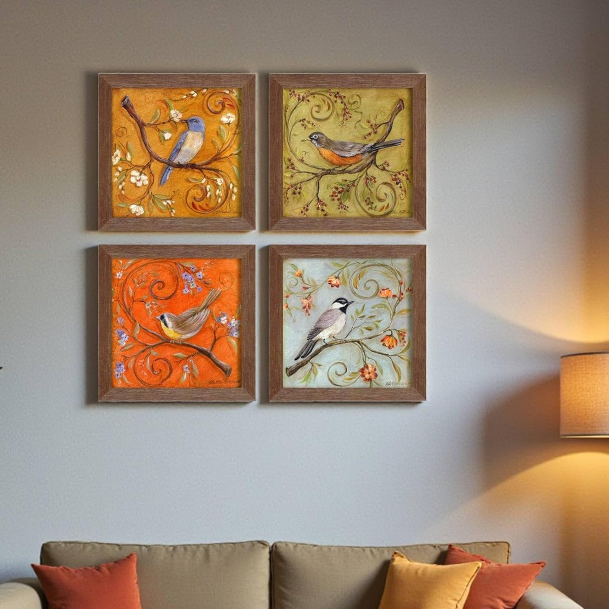 Multicolor Birds Wall Art Painting for living room, birds floral Framed painting, set of 4, 9x9 Inch