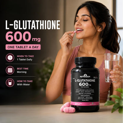 Nutrasium L-Glutathione 600 mg with Hyaluronic Acid & Biotin | For Skin Glow, Hydration, Even Skin tone & Skin Radiance | Reduce Pigmentation & Dark Spot | 60 Tablets