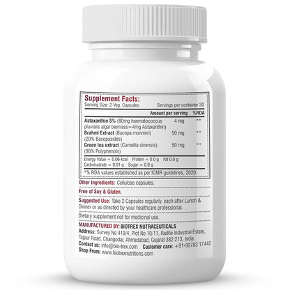 Biotrex Nutraceuticals Astaxanthin 4mg | Supports Eye & Skin Health I Boosts Immune System | Cellular Support | Naturally Sourced - 60 Veg Capsules