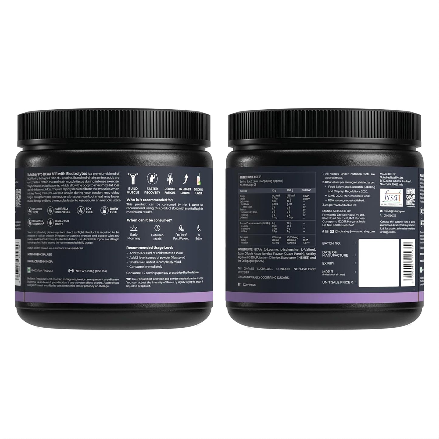 Two black containers with purple labels on a white background