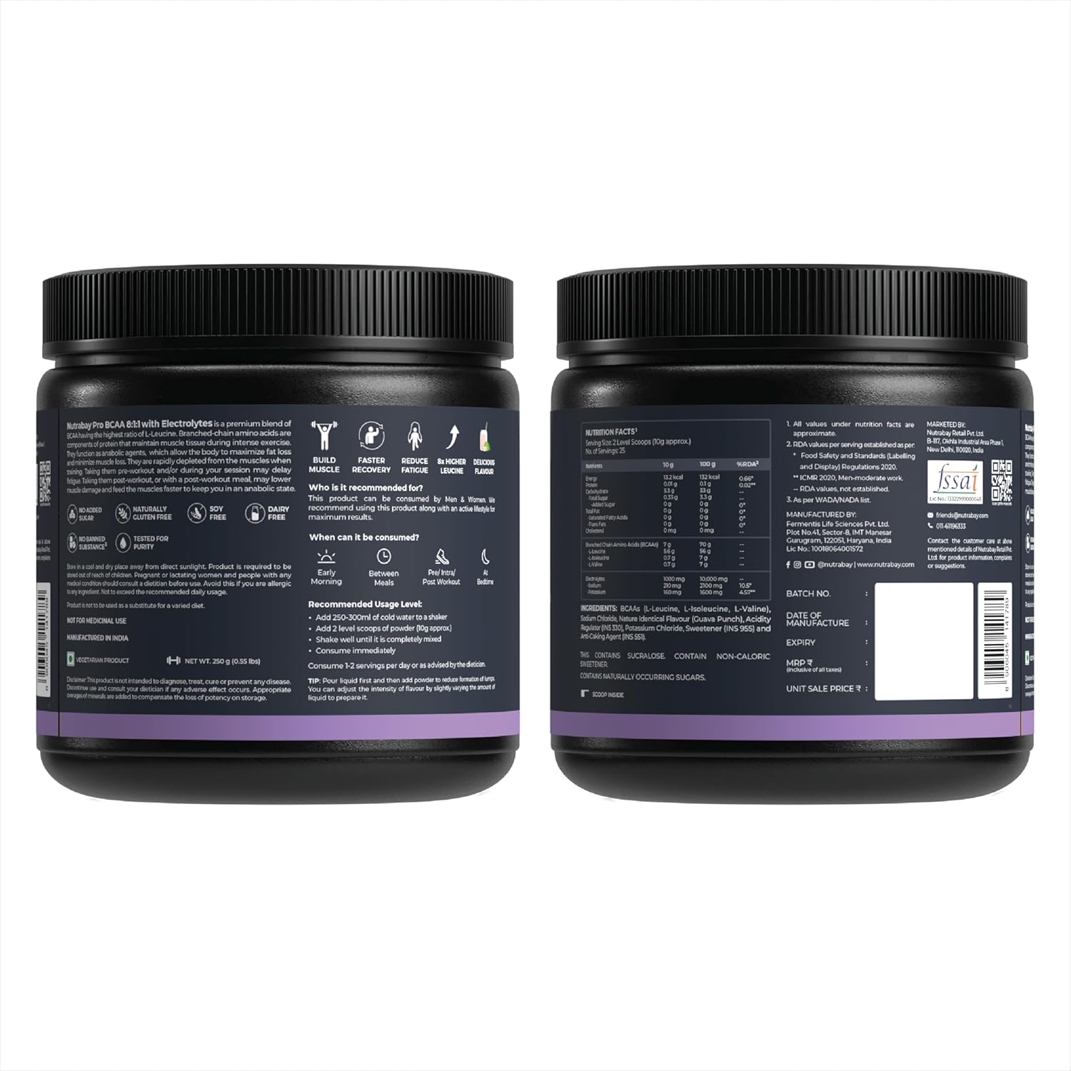 Two black containers with purple labels on a white background