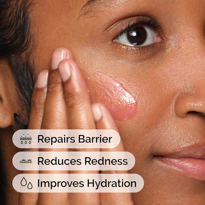 Woman applying a skincare product to her face with text indicating benefits