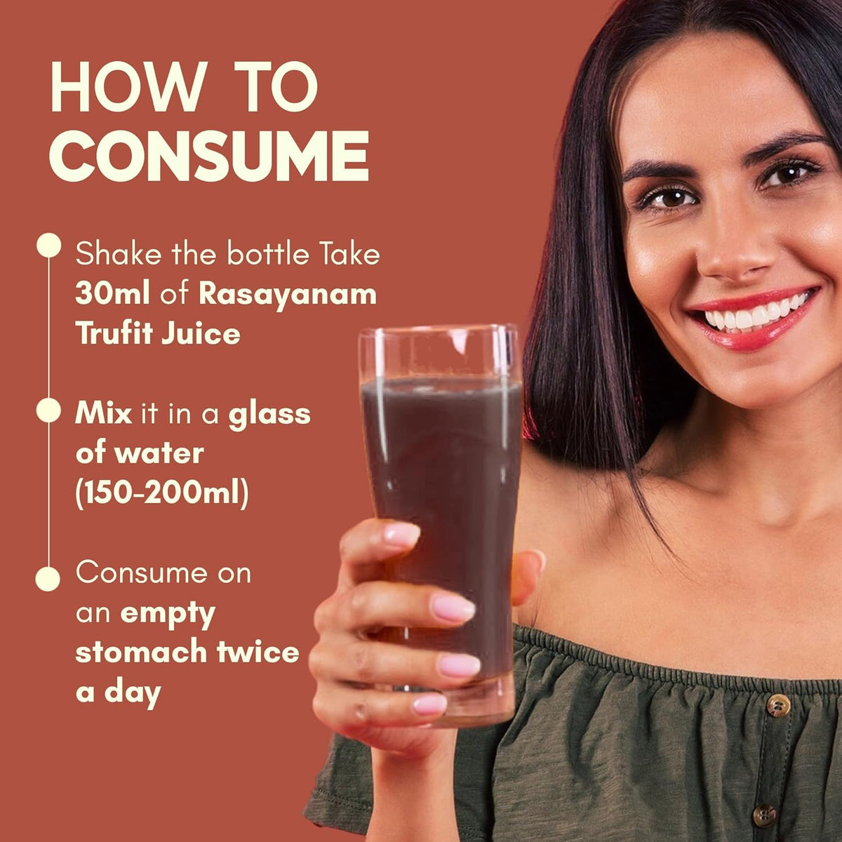 Woman holding a glass of juice with consumption instructions on a brown background