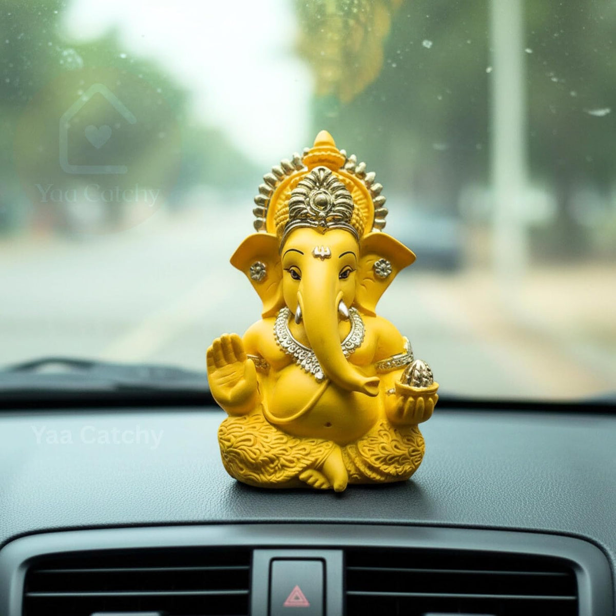 Yaa Catchy Mango Yellow Ganesha Idol Car Dashboard Idol Ganesha Murti Ganpati Idol for Home Decor Pooja Lord Ganesh Statue Gift for Office Desk Pooja Room (Ganesha Yellow & Gold)