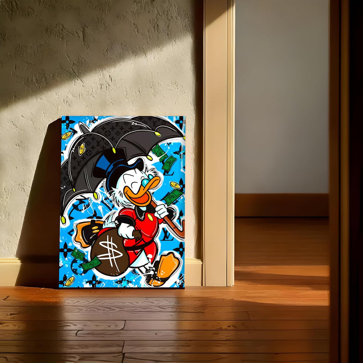 Luxury Cartoon Duck Pop Art Canvas Wall Art Painting For Living Room | Money & Success Theme Street Art Wall Art Painting | Modern Graffiti Style Artwork for Home & Office, 41x56 cm