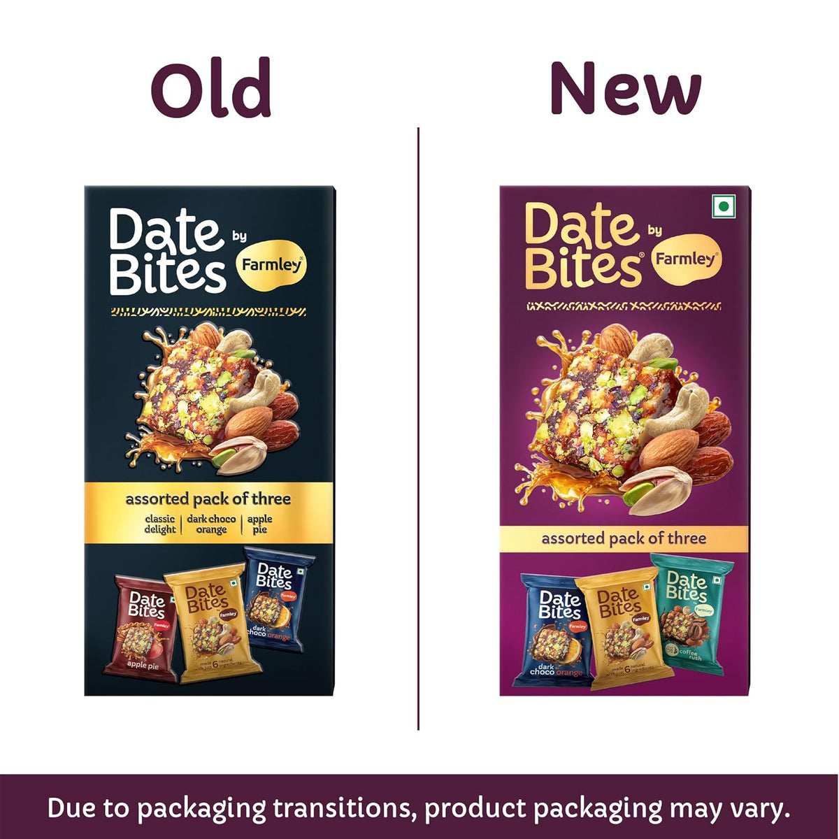 Farmley Date Bites Assorted Pack 60g (20g x3) | Classic, Dark Choco Orange & Coffee Rush | Dry Fruit Bites with Almonds, Cashews & Pista | Gluten Free, No Refined Sugar | Healthy Snack with Honey & Ghee