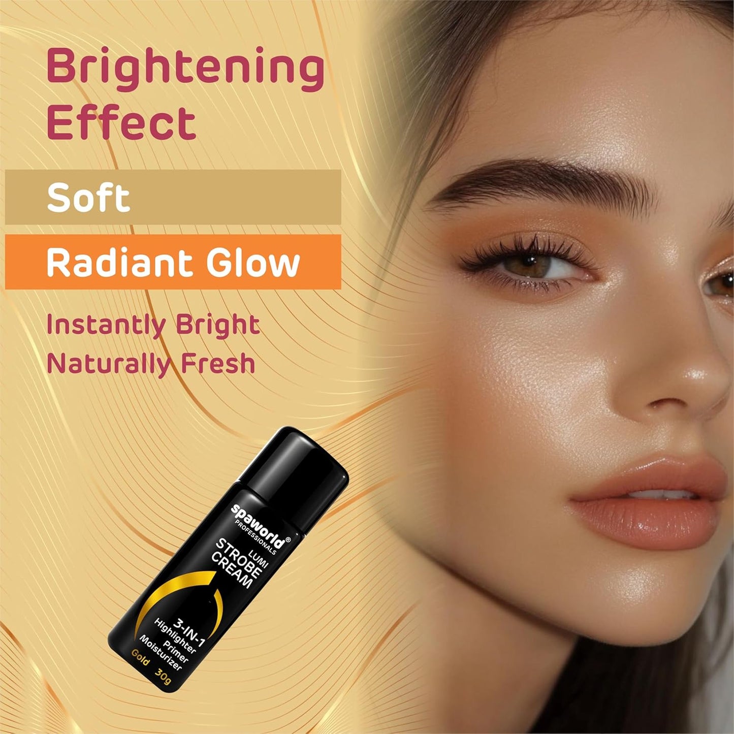 Cosmetic product with a model showing 'Brightening Effect' and 'Radiant Glow' on a beige background