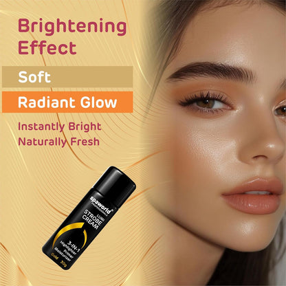 Cosmetic product with a model showing 'Brightening Effect' and 'Radiant Glow' on a beige background
