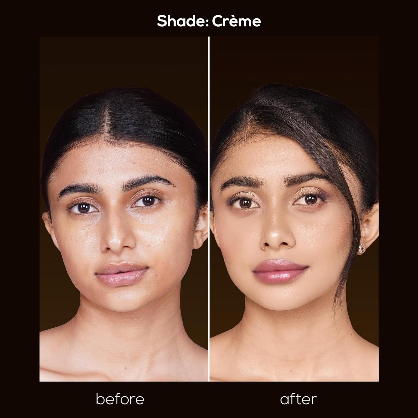 Before and after comparison of a woman's face with Crème makeup shade on a dark background.