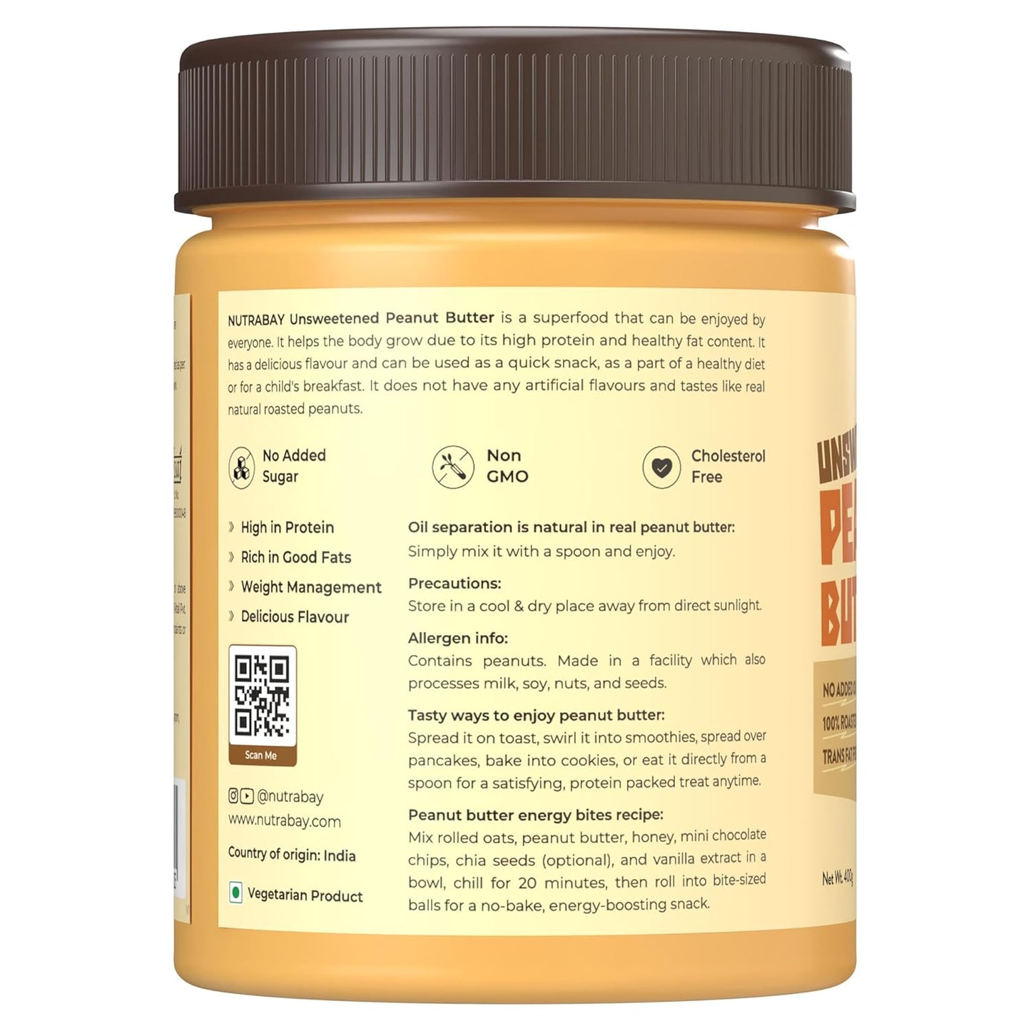 Nutrabay Foods All-Natural Peanut Butter (Creamy) - Unsweetened, 400g | 100% Roasted Peanuts, 28g Protein, Zero Cholesterol, Vegan, Gluten Free, Non GMO