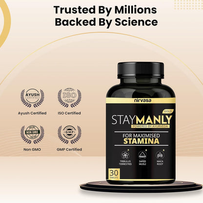 Nirvasa StayManly Gold Tablets (30 Tabs) | Ayurvedic Strength, Stamina & Performance Booster | Boosts Energy, Endurance & Vitality | Tribulus Terrestris, Ashwagandha, Safed Musli & Shilajit