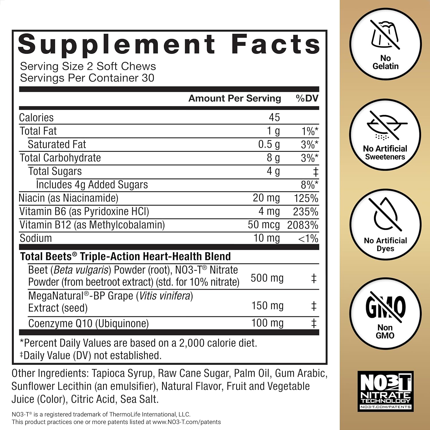 Supplement facts label with nutritional information and branding on a white and gold background