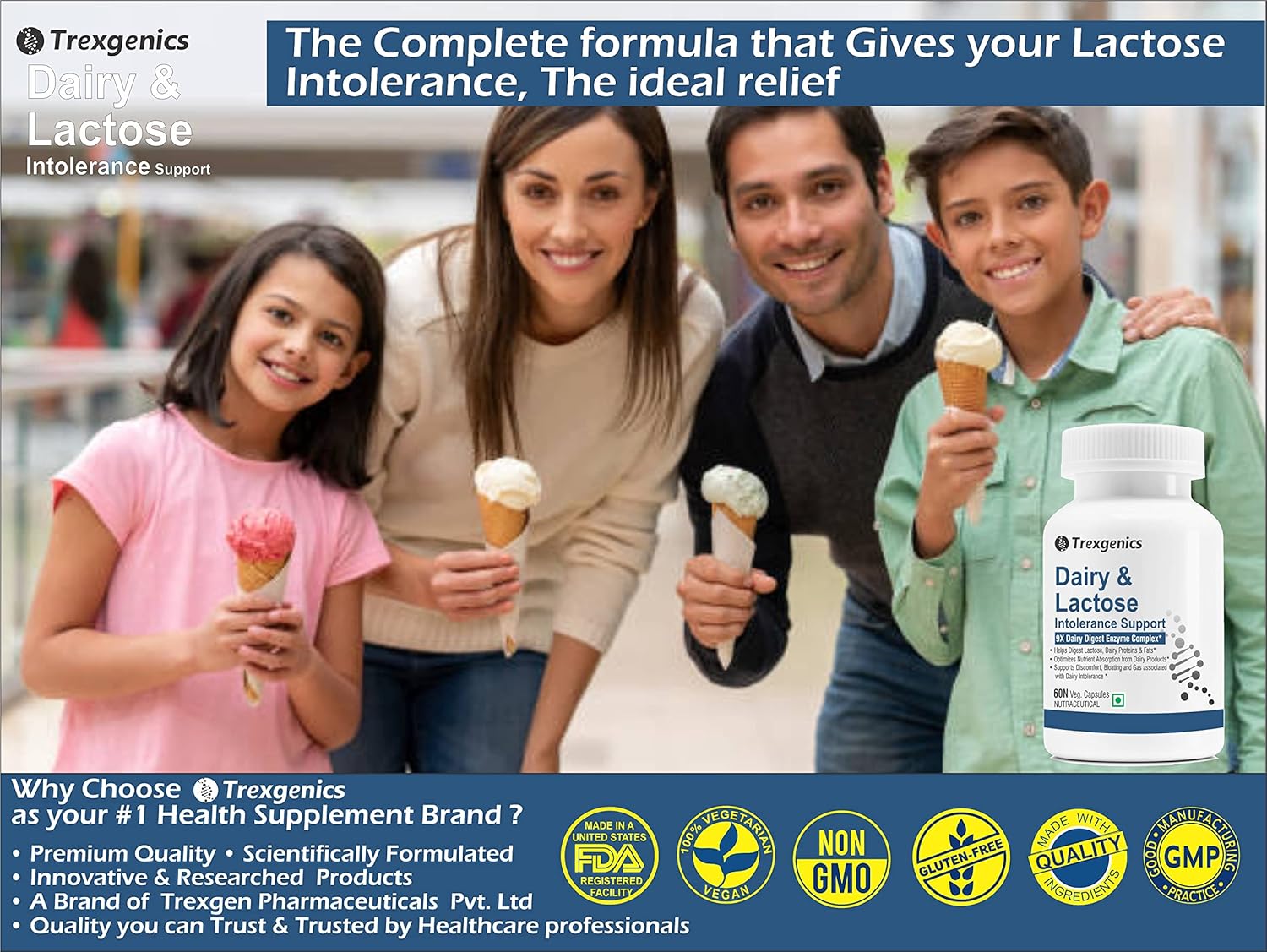 Family enjoying ice cream with a Trexegenics supplement bottle, promoting lactose intolerance relief.