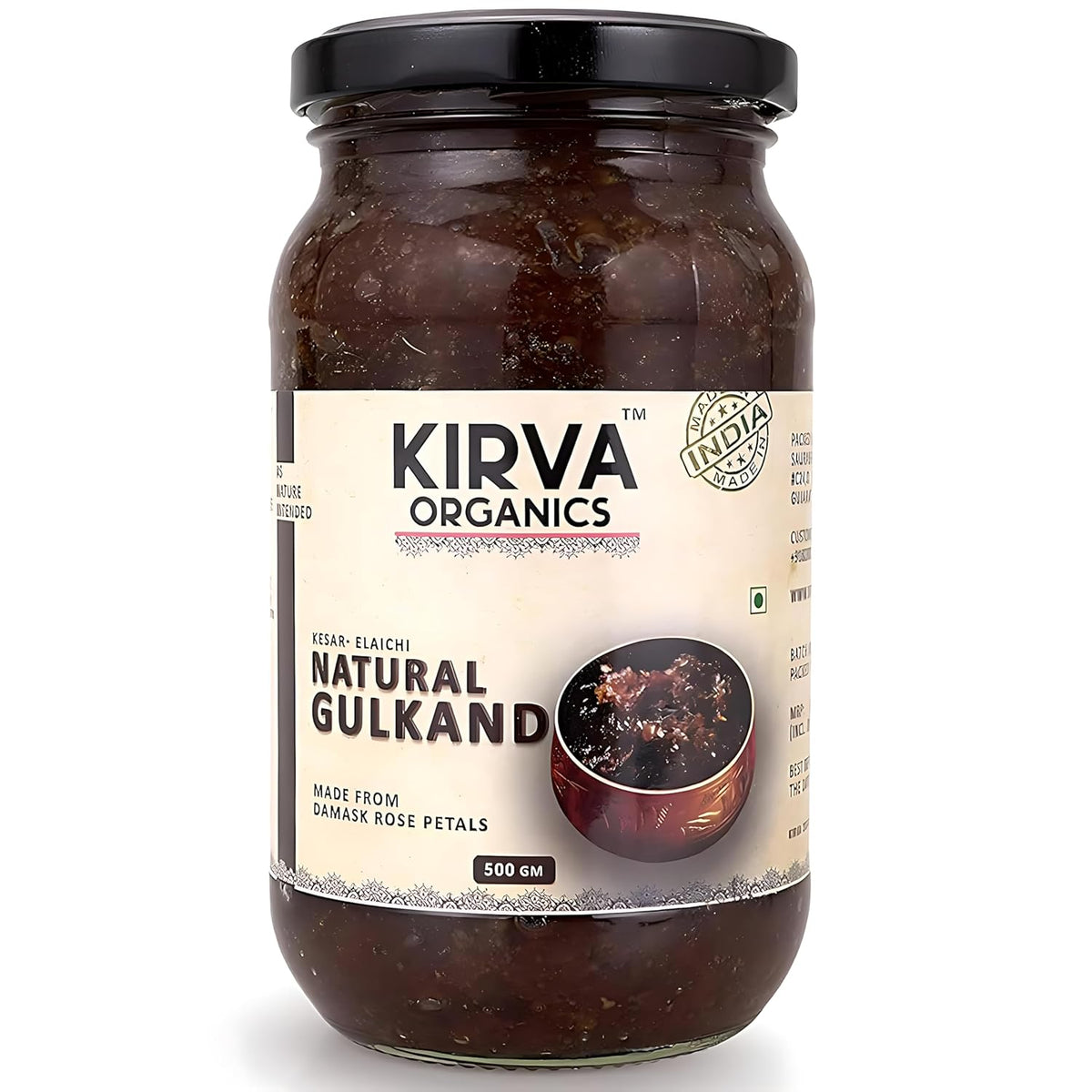 Kirva Organics Natural Gulkand 500g | Sun-Cooked Damask Rose Petals & Rock Sugar | Infused with Kesar & Elaichi | Ayurvedic Digestive & Natural Body Coolant | No Artificial Flavors