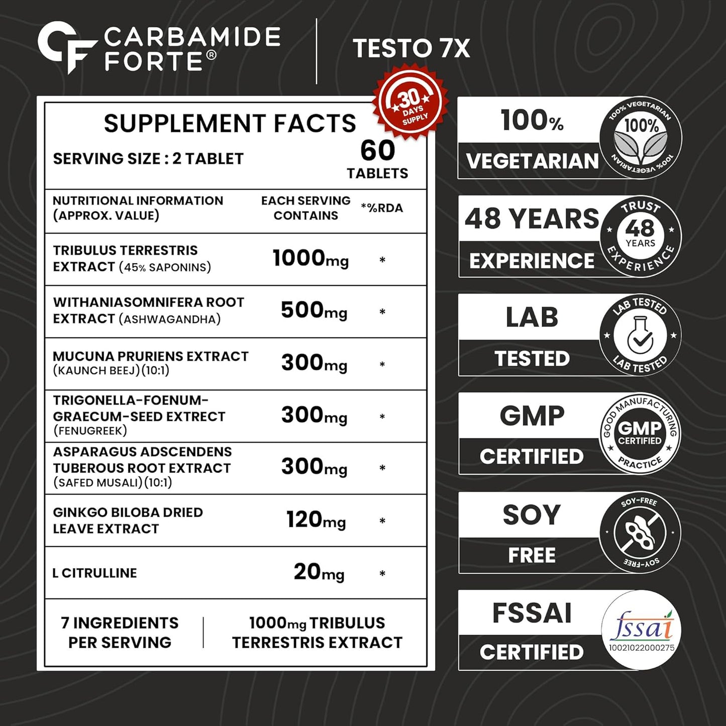 Carbamide Forte Testosterone Booster Supplement | Testosterone Supplement For Men To Support Energy, Stamina & Strength | 60 Tablets