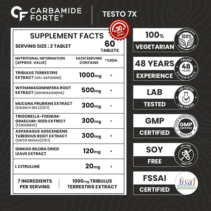 Carbamide Forte Testosterone Booster Supplement | Testosterone Supplement For Men To Support Energy, Stamina & Strength | 60 Tablets