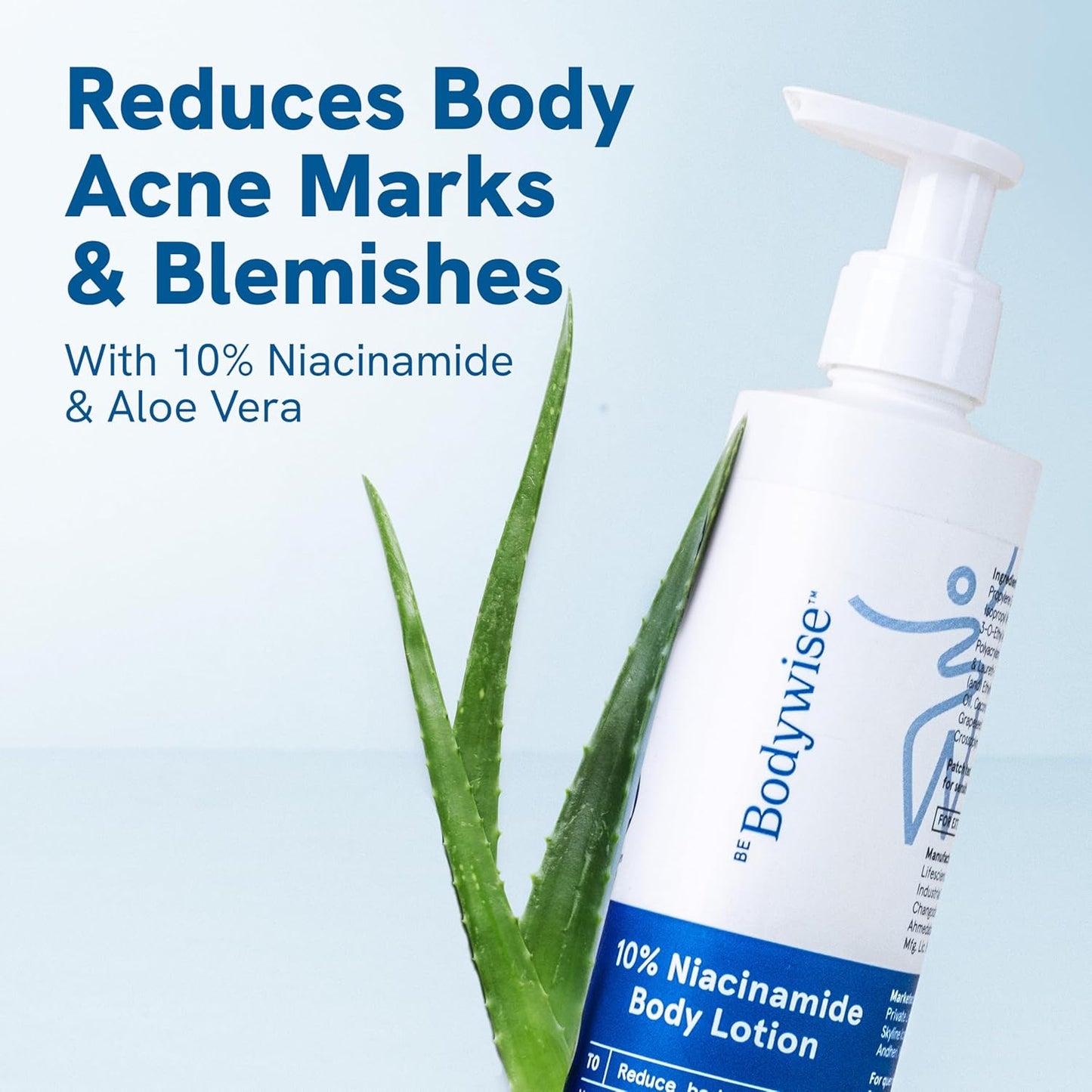 Bodywise 10% Niacinamide Body Lotion with aloe vera on a light blue background