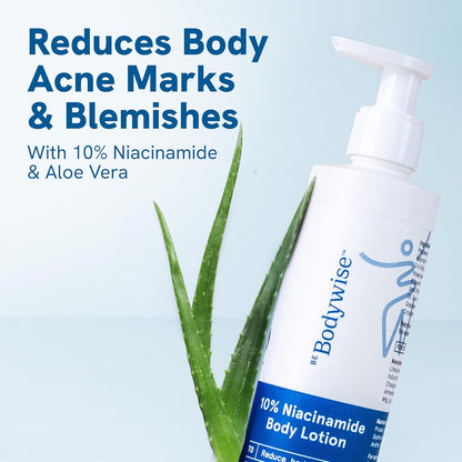 Bodywise 10% Niacinamide Body Lotion with aloe vera on a light blue background