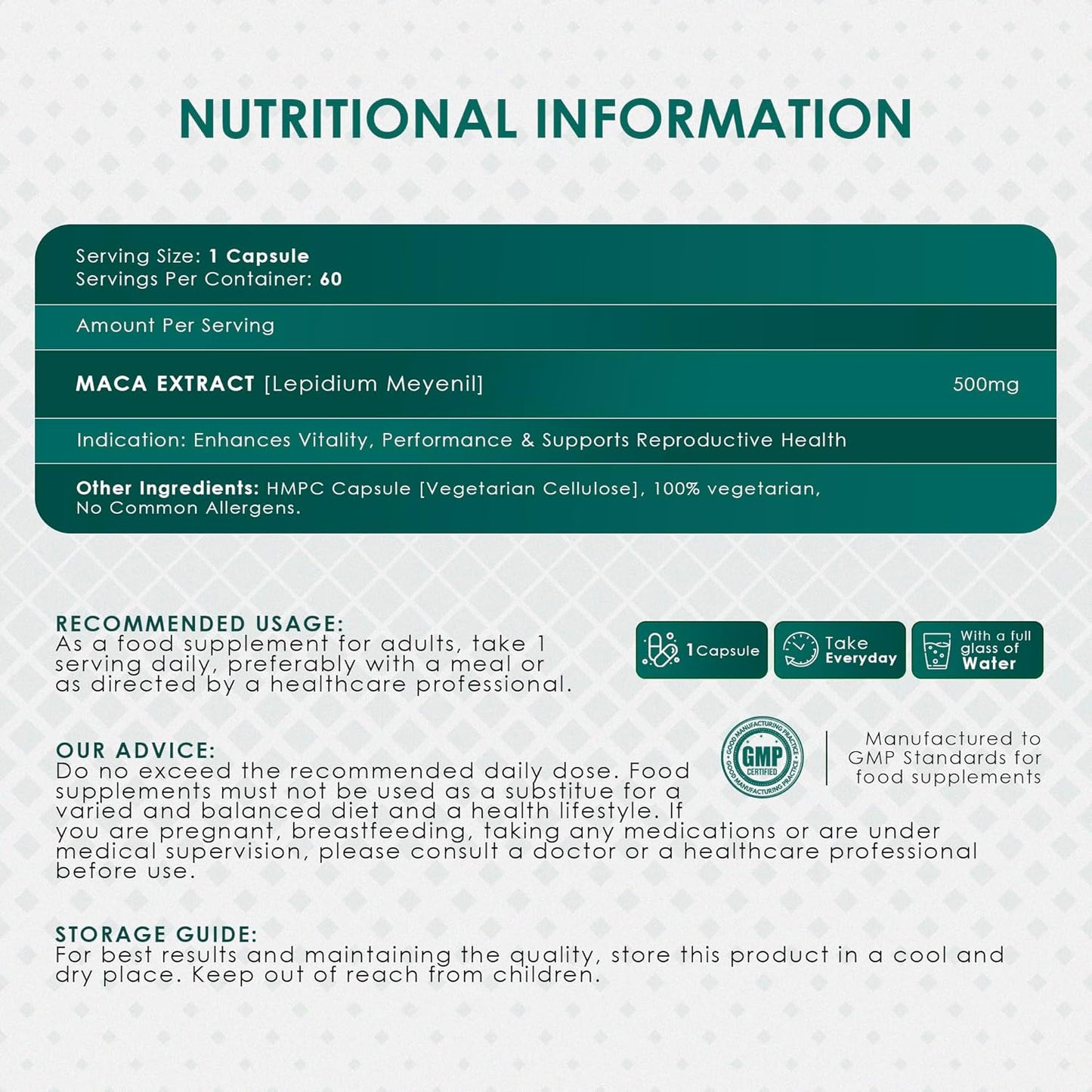 Nutritional information label for a supplement with green text on a white background