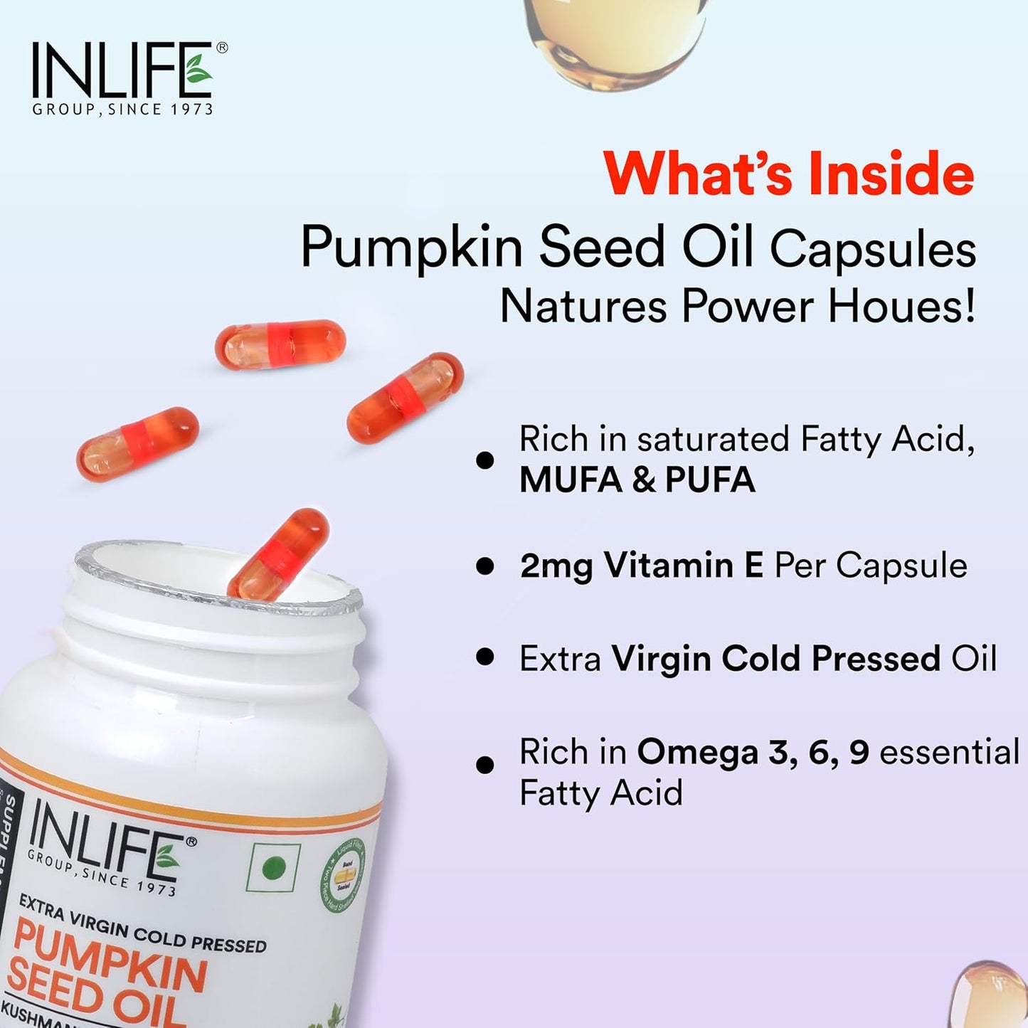 INLIFE Pumpkin Seed Oil Capsules | Extra Virgin Cold Pressed Pure Oil | Plant-Based Phytosterols | Prostate Health Support & Immunity | 60 Vegetarian Capsules
