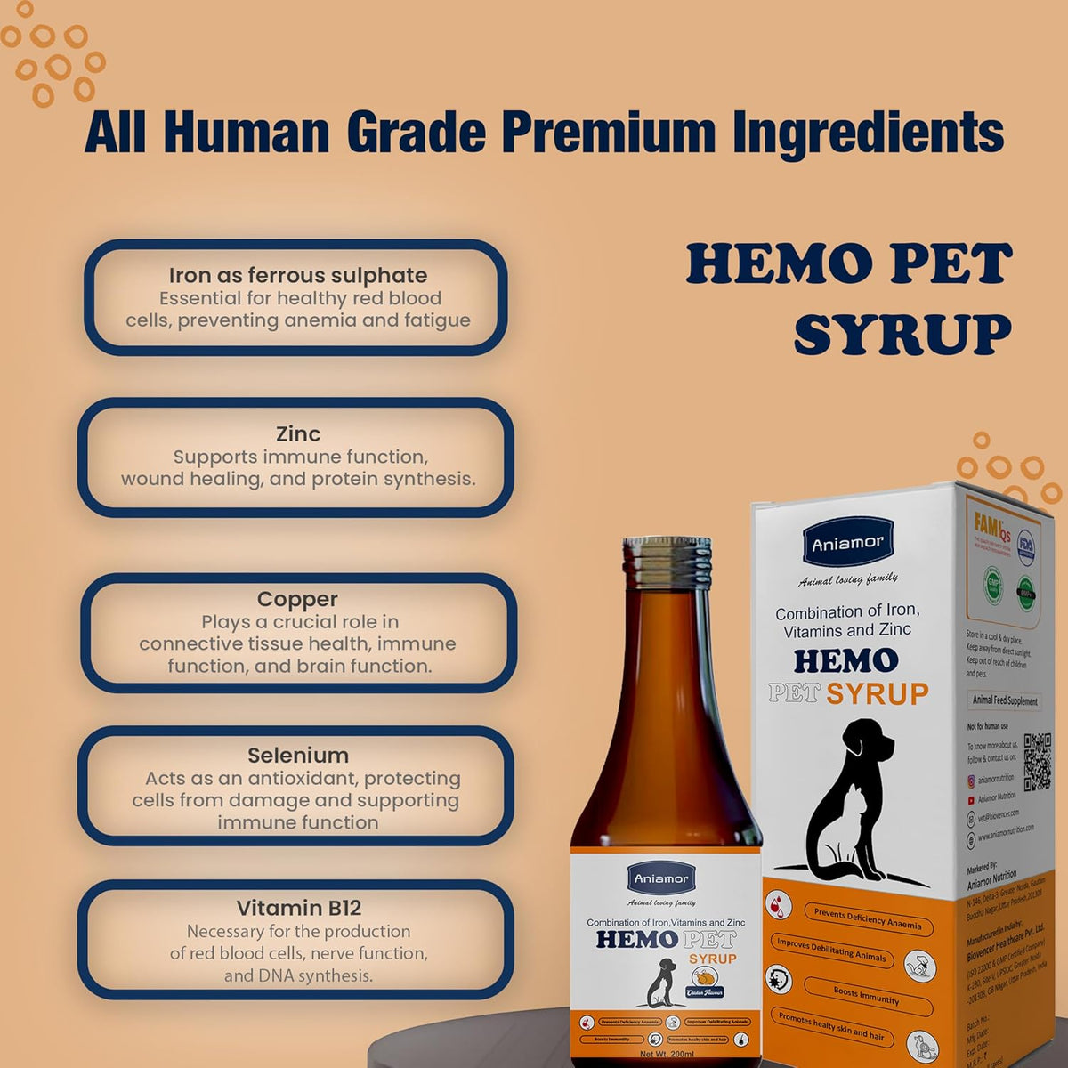 Aniamor Hemo Pet Syrup for Dogs and Cats|Iron Syrup|Iron Syrup|Pets Supplement|All Life Stage|200ml Bottle