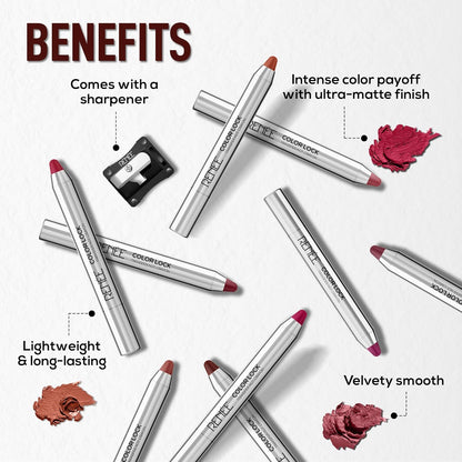 RENEE Colorlock Transfer Not Lip Crayon with Sharpener, SPF 20, Waterproof, Smudgeproof, Lightweight & Long Lasting, Intense Color Payoff with Ultra Matte Finish, Enriched with Vitamin E, Desire 3gm
