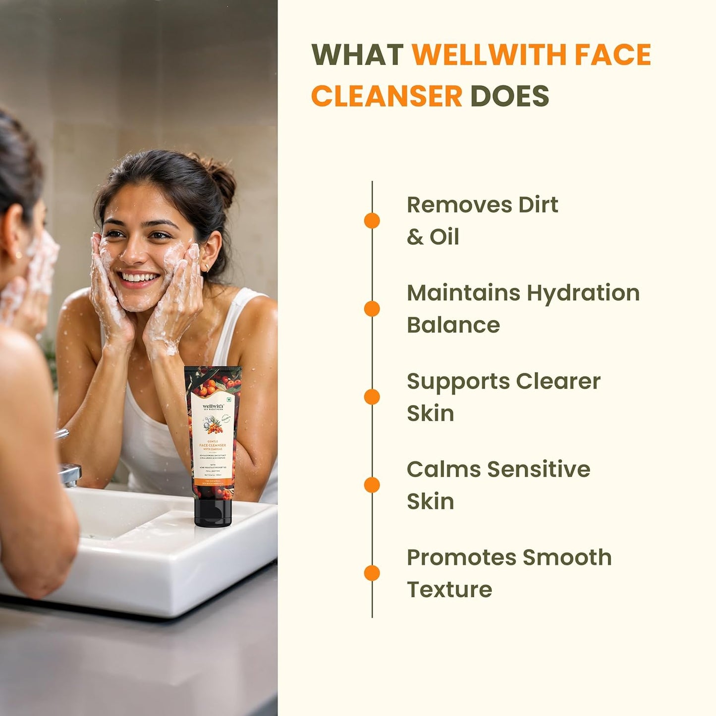 Wellwith Sea Buckthorn Gentle Face Cleanser | Deep Cleansing, Hydrating & Brightening Face Wash with Oat Extract & Hyaluronic Acid | Removes Dirt, Oil, Tan & Impurities |Acne-Resistant | For All Skin Types (100 ml)