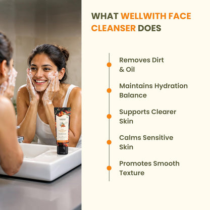 Wellwith Sea Buckthorn Gentle Face Cleanser | Deep Cleansing, Hydrating & Brightening Face Wash with Oat Extract & Hyaluronic Acid | Removes Dirt, Oil, Tan & Impurities |Acne-Resistant | For All Skin Types (100 ml)
