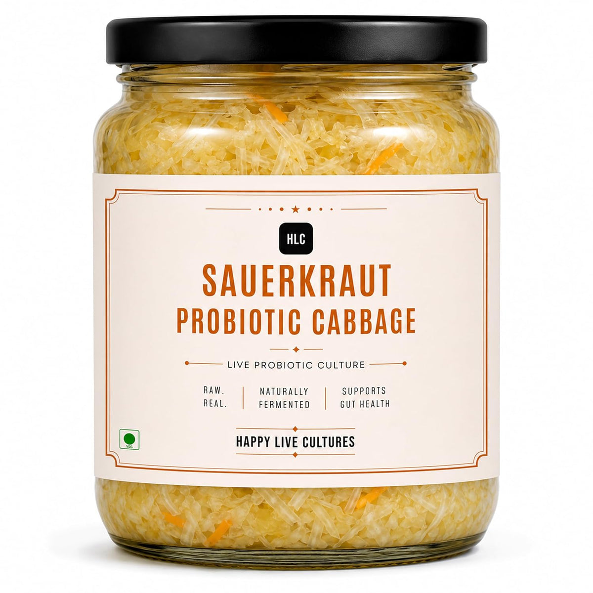 Sauerkraut Probiotic Cabbage | Naturally Fermented | Organic, Raw, Artisanal, Plant-Based, Preservative Free | Happy Live Cultures (250 Grams)