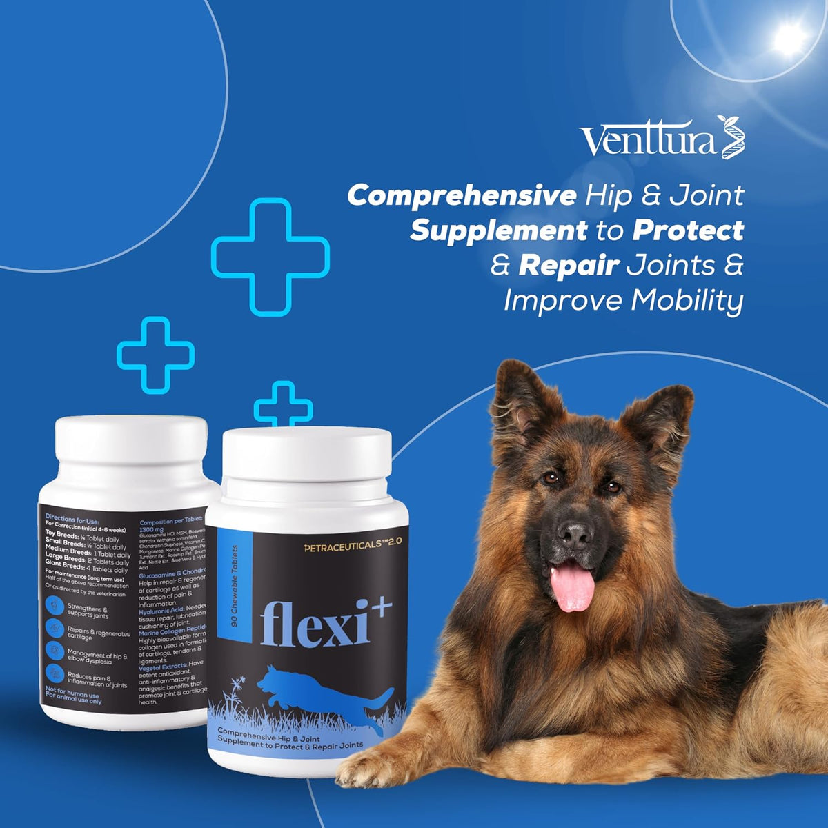 Venttura Petraceuticals Flexi+ Chewable Tablets Hip & Joint Supplement for Dogs | Strengthen Joints | Repairs Cartilage | Joint Health Support | Improves Mobility | (45 Chewable Tablets)