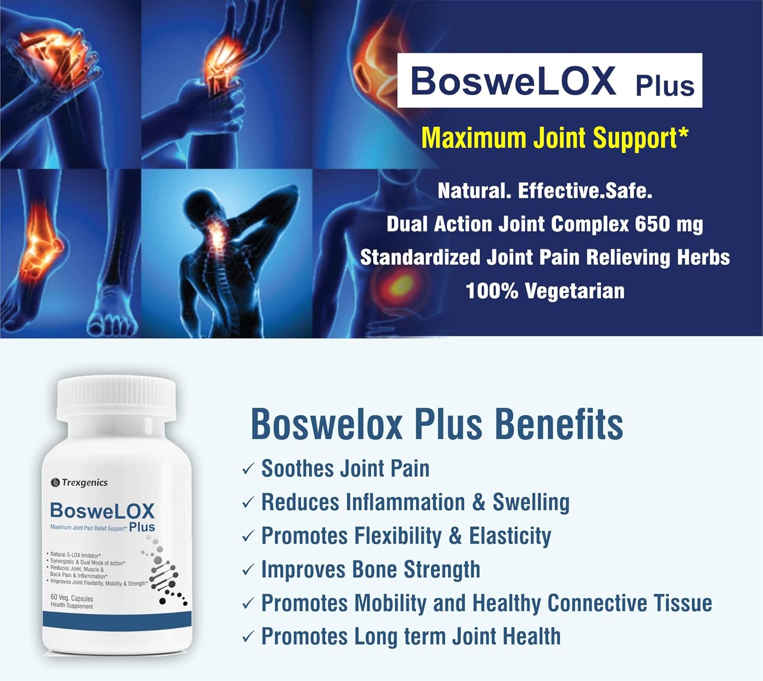 Advertisement for BosweLOX Plus joint support supplement with images of joints and text highlighting benefits.
