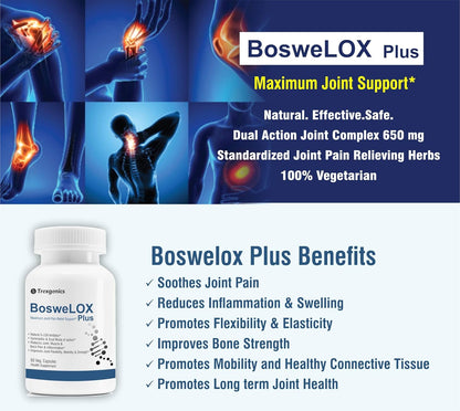 Advertisement for BosweLOX Plus joint support supplement with images of joints and text highlighting benefits.