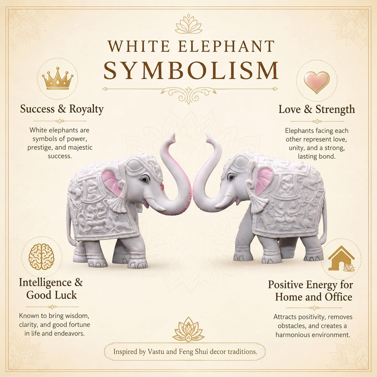 Pack of 2 White Elephant Showpieces Home Decor for Living Room, Table, Shelf, 2 x 3 inch Elephant Marble Resin Statue for Vastu, Feng Shui, Office Decor, Gifting