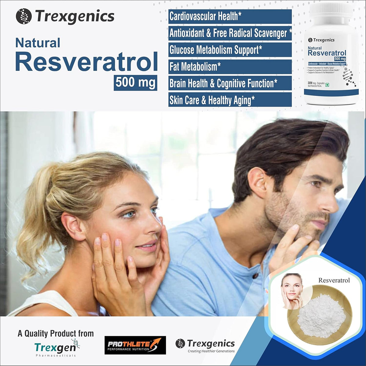Advertisement for Trexgenics Natural Resveratrol with a couple and product packaging.