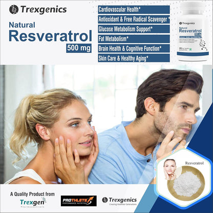 Advertisement for Trexgenics Natural Resveratrol with a couple and product packaging.